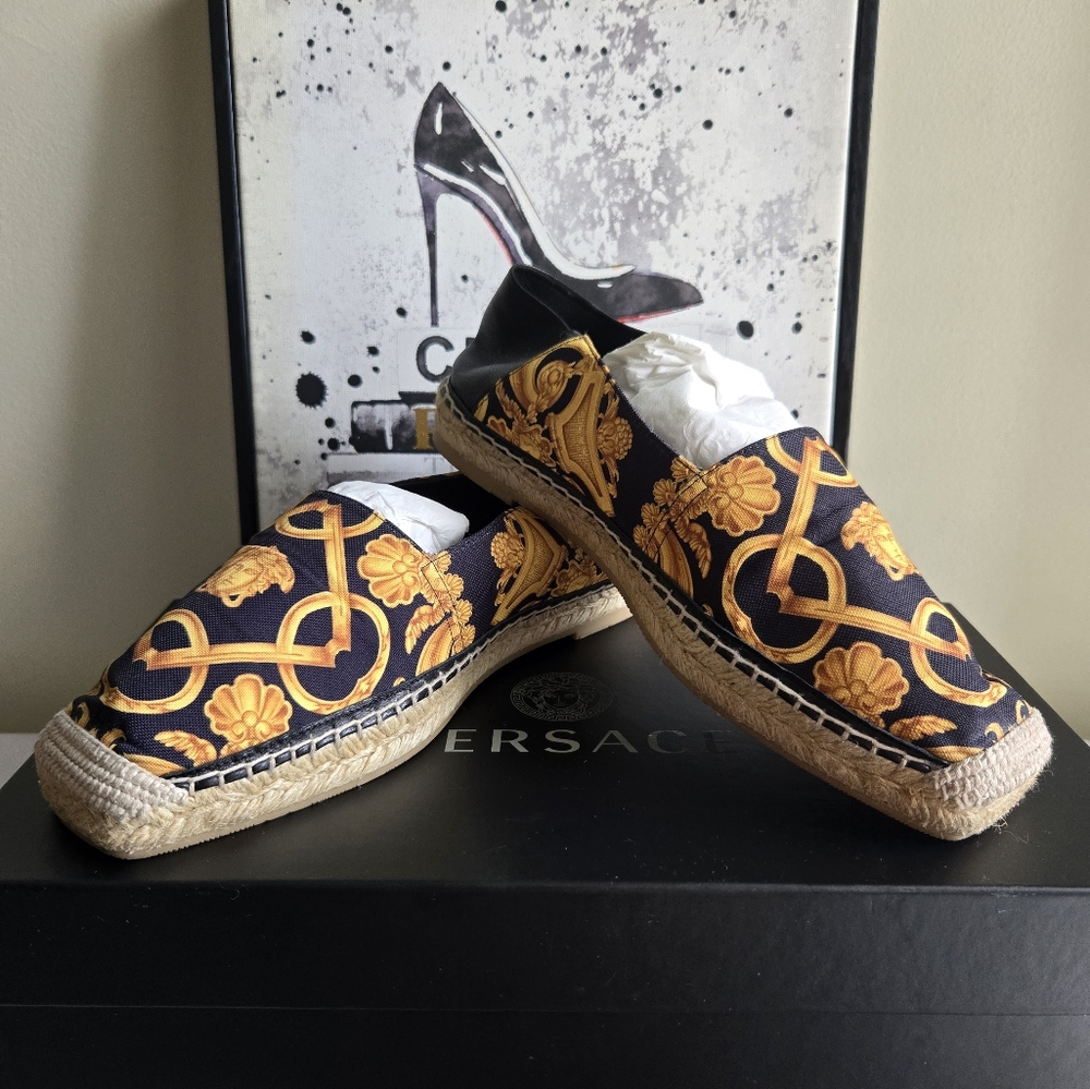 Versace St. Barocco Heritage Nappa Black and Gold Espadrilles Women's Size 9 - Picture 7 of 10